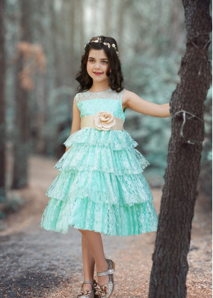Lace Tiered Tea Length Flower Girl Dress With Flower Sash
